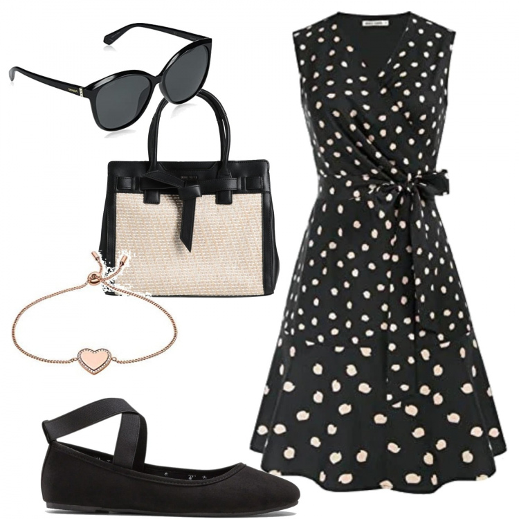 Outfit donna - Vintage retrò #1405. Stile Bon Ton per Tutti i giorni. Abbinamento con ballerine, borse a mano, vestiti senza maniche, occhiali da sole, braccialetti.