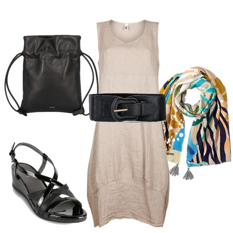 Outfit donna - Il vestito in lino. Stile Casual chic per Tutti i giorni. Abbinamento con cinture, vestiti lunghi, sandali in pelle, borse a tracolla, sciarpe.