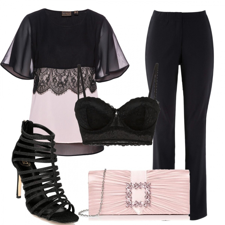 Outfit donna - Total look #1398394. Stile Glamour per Cerimonia. Abbinamento con reggiseni a balconcino, tuniche, pantaloni, sandali in pelle, pochette.