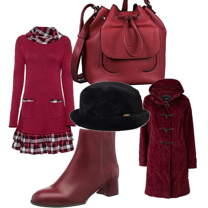 Outfit donna - Il rosso che piace. Stile Casual chic per Tutti i giorni. Abbinamento con montgomery, vestiti lunghi, stivaletti chelsea, berretti, zaini.