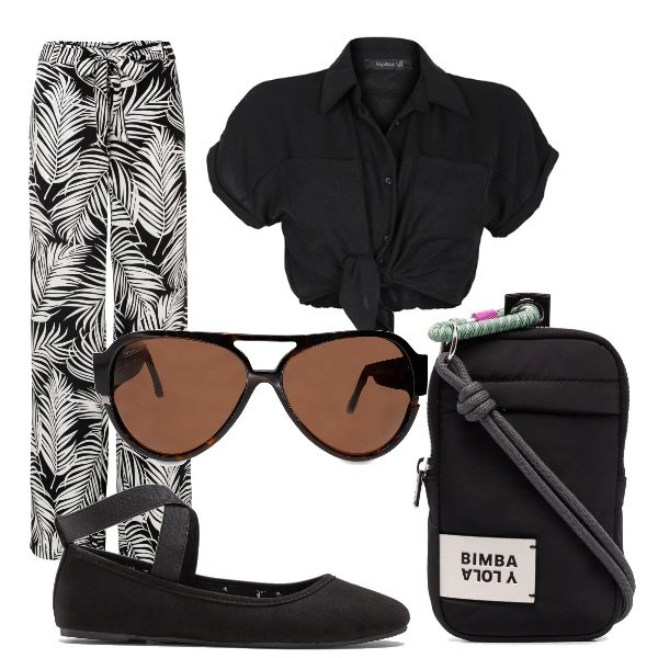 Outfit donna - La felce sui pantaloni. Stile Minimal per Tutti i giorni. Abbinamento con ballerine, pantaloni a palazzo, camicie a manica corta, occhiali da sole, borse a tracolla.