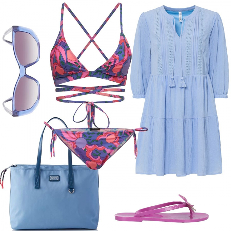 Outfit donna - Al mare. Stile Romantica per Mare. Abbinamento con vestiti da spiaggia, infradito, shopping bag, occhiali da sole, bikini, bikini.