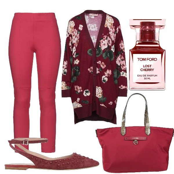 Outfit donna - Toni ciliegia in saldo. Stile Chic per Tutti i giorni. Abbinamento con ballerine, cardigans, borse a mano, pantaloni, profumi.