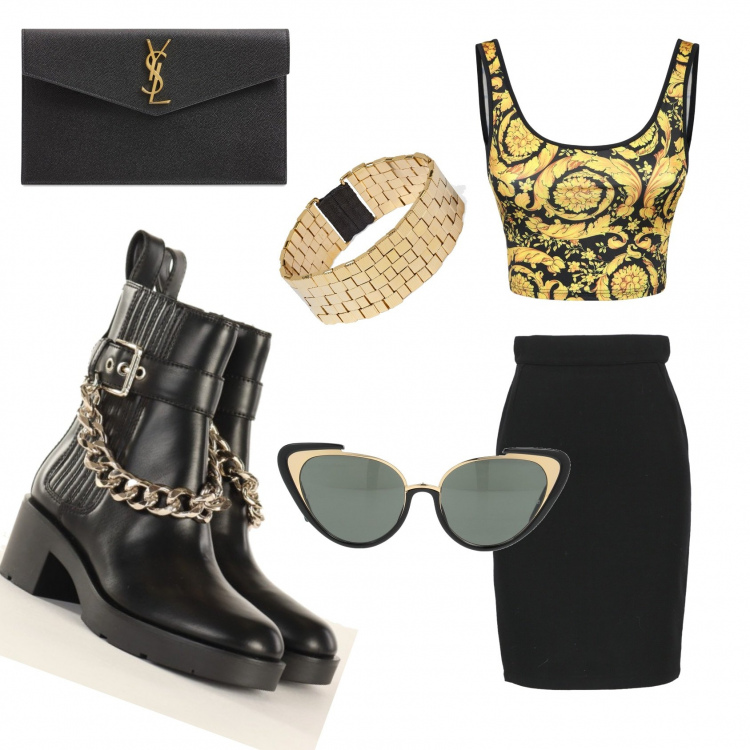 Outfit donna - Total look #1398716. Stile Rock per Serata fuori. Abbinamento con occhiali da sole, braccialetti, gonne longuette, stivaletti, pochette, top.