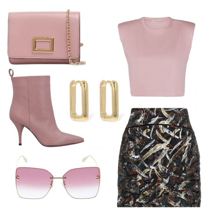 Outfit donna - Total look #1398731. Stile Glamour per Serata fuori. Abbinamento con stivaletti, gonne longuette, top, orecchini, pochette, occhiali da sole.