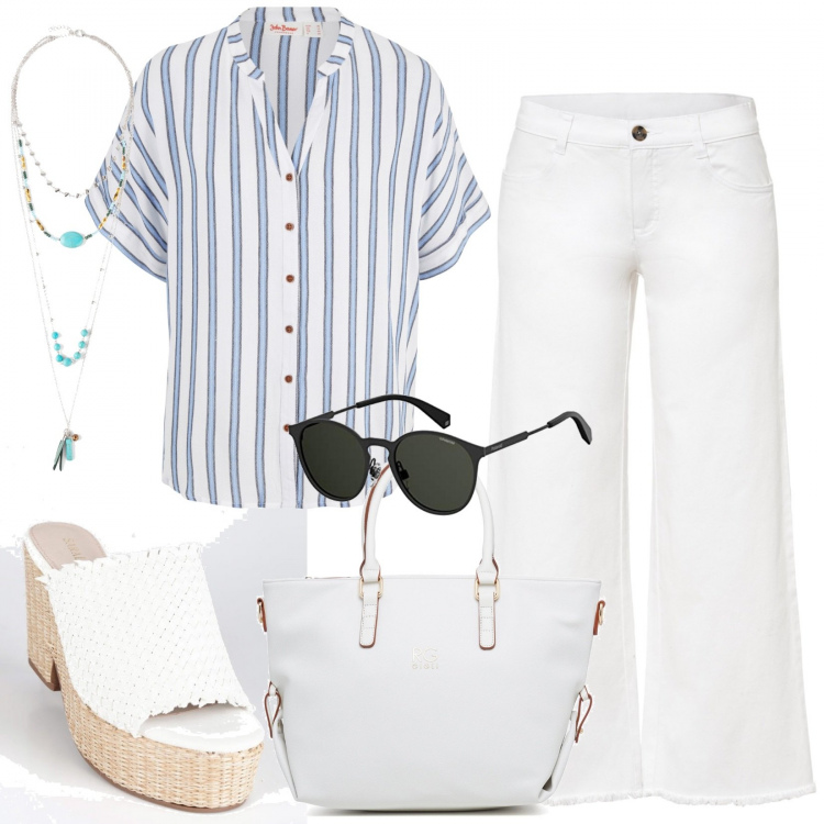 Outfit donna - Total look #1398820. Stile Basic per Ufficio. Abbinamento con camicie, pantaloni culotte, collane, ciabatte, borse a mano, occhiali da sole.