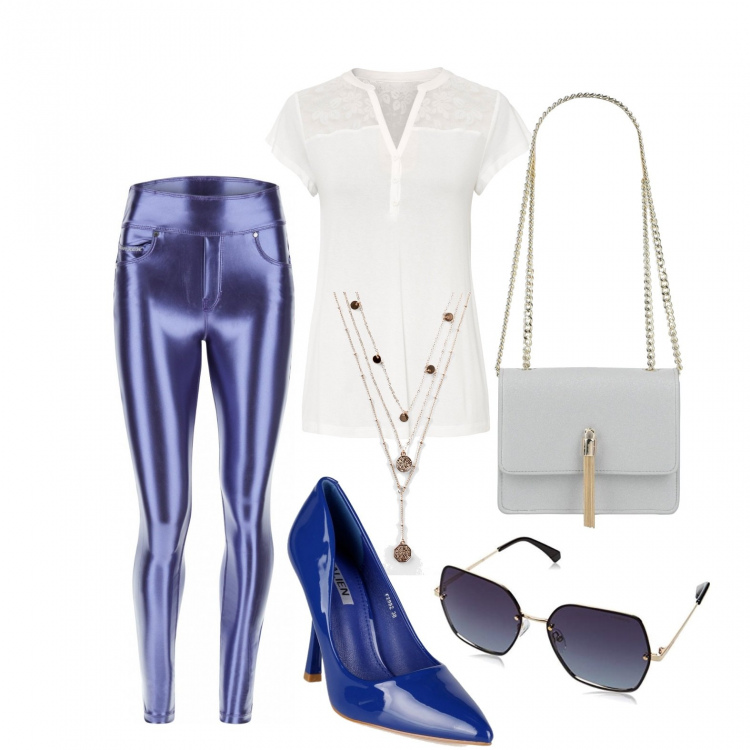 Outfit donna - Particolare... con po o. Stile Casual per Tutti i giorni. Abbinamento con borse a spalla, maglieria, ciondoli, pantaloni skinny, décolleté, occhiali da sole.