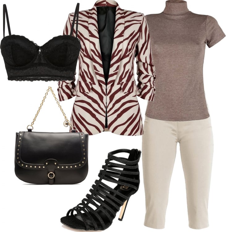 Outfit donna - Semplice e sexy. Stile Urban per Tutti i giorni. Abbinamento con reggiseni a balconcino, blazer, pantaloni capri, t-shirt, sandali in pelle, borse a spalla.