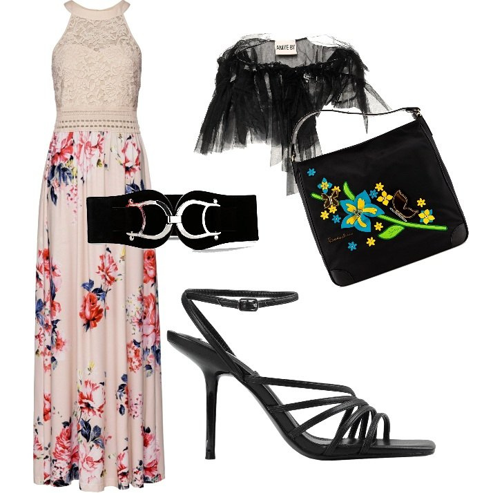 Outfit donna - Per un battesimo. Stile Romantica per Cerimonia. look ideale per Petite. Abbinamento con cinture, vestiti lunghi, bolero, sandali col tacco, borse a mano.