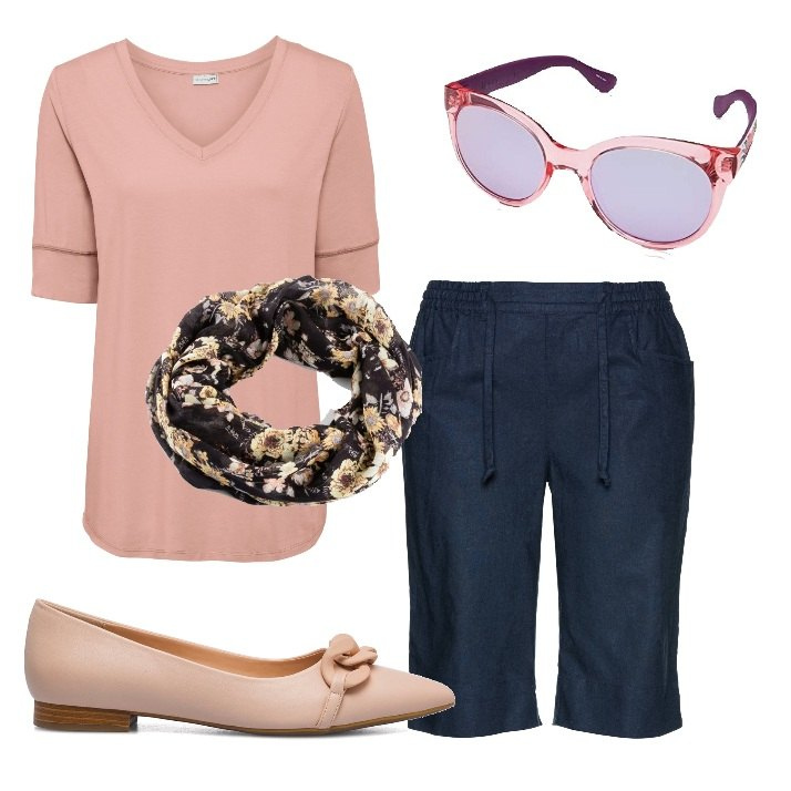 Outfit donna - In ufficio ad agosto. Stile Basic per Ufficio. Abbinamento con bermuda, t-shirt, foulard, ballerine, occhiali da sole.