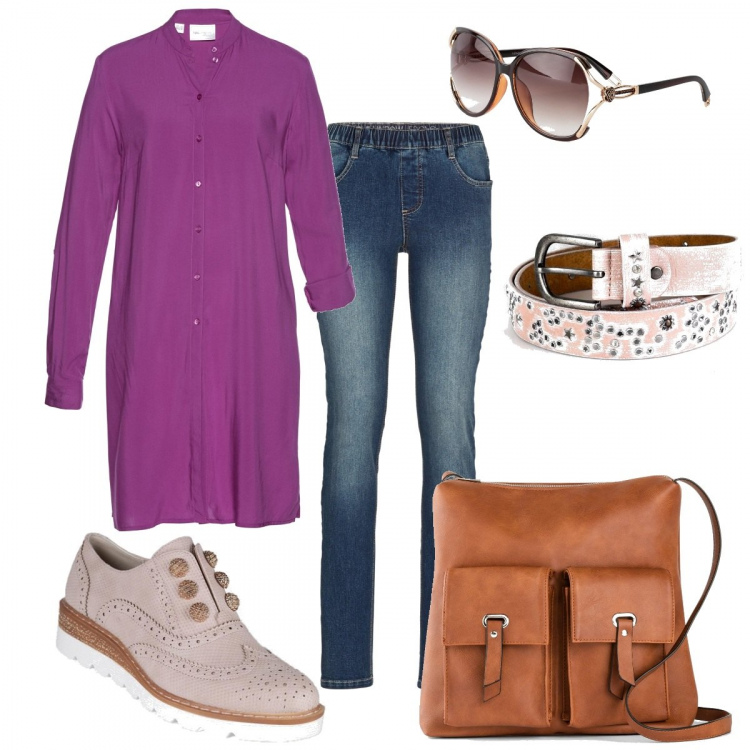 Outfit donna - E si torna al lavoro. Stile Casual per Ufficio. Abbinamento con jeggings, occhiali da sole, camicie, borse a tracolla, francesine, cinture.