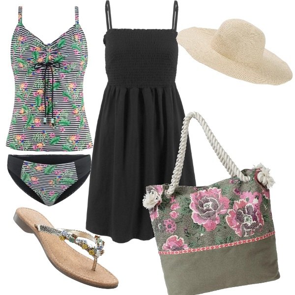 Outfit donna - Relax in spiaggia. Stile Basic per Mare. Abbinamento con vestiti, shopping bag fantasia rosso, bikini, ciabatte, cappello.
