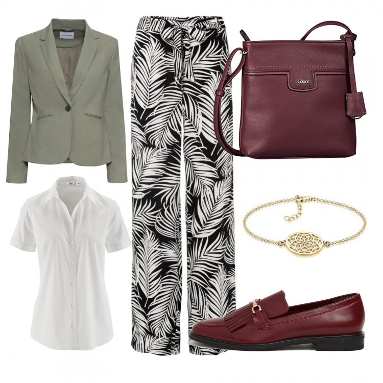 Outfit donna - Mi presento alla classe #1. Stile Casual chic per Ufficio. Abbinamento con blazer, camicie a manica corta, pantaloni a palazzo, mocassini, braccialetti, borse a cartella.