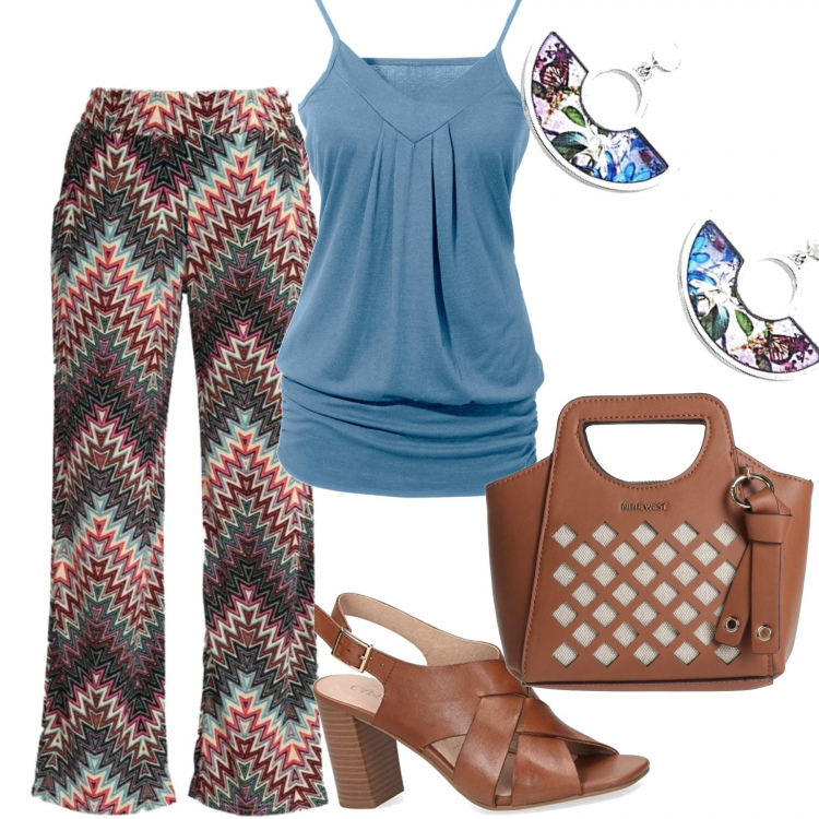 Outfit donna - Colazione e shopping con le amiche. Stile Casual chic per Tutti i giorni. Abbinamento con top, borse a mano, pantaloni a palazzo, sandali col tacco, orecchini.