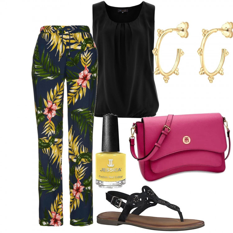 Outfit donna - In città. Stile Casual chic per Tutti i giorni. Abbinamento con top, pantaloni, sandali, borse a spalla, smalti, orecchini.