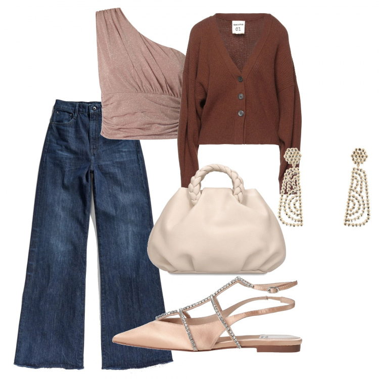 Outfit donna - Pronta in un attimo. Stile Casual chic per Serata fuori. Abbinamento con ballerine, cardigans, orecchini, jeans, top, borse a mano.