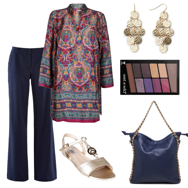 Outfit donna - Curvy etnica per tutti i giorni. Stile Etnico per Tutti i giorni. Abbinamento con pantaloni, orecchini, vestiti, sandali in pelle, borse a spalla, ombretti.