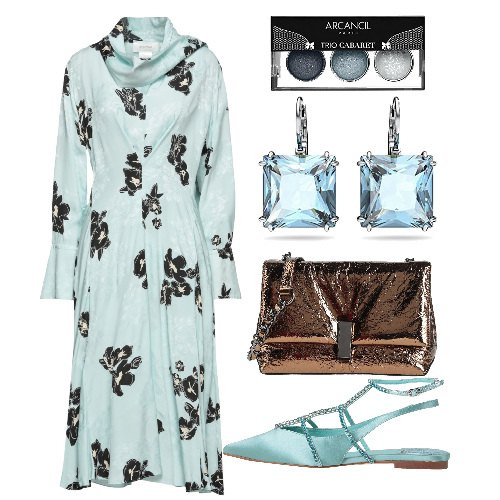 Outfit donna - Cerimonia pomeridiana. Stile Chic per Cerimonia. Abbinamento con ballerine, vestiti midi/longuette, borse a tracolla, ombretti, orecchini.