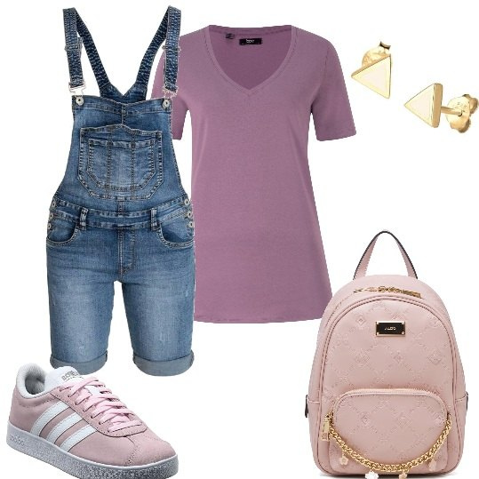 Outfit donna - Picnic in tuta jeans e maglietta. Stile Casual per Tutti i giorni. Abbinamento con t-shirt, salopette, zaini, sneakers, orecchini.