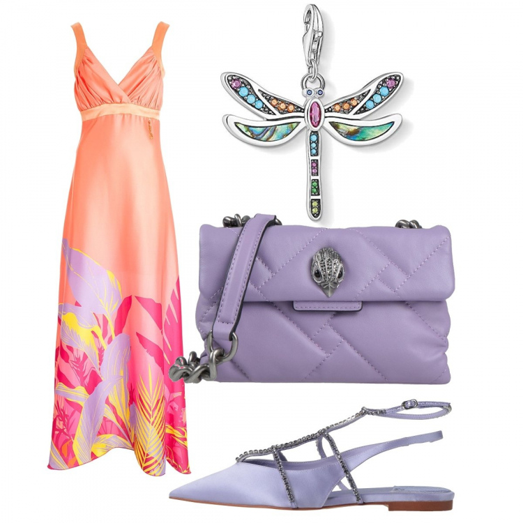 Outfit donna - Cerimonia di fine estate. Stile Chic per Cerimonia. Abbinamento con ballerine, borse a tracolla, vestiti lunghi, ciondoli.