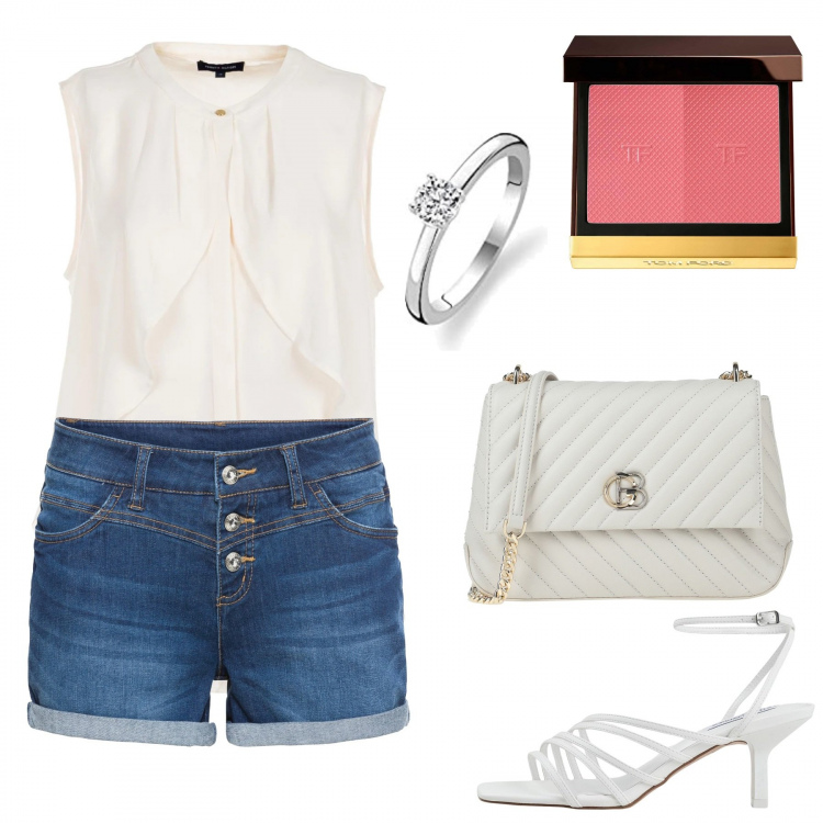 Outfit donna - White and jeans. Stile Casual chic per Tutti i giorni. Abbinamento con shorts, sandali col tacco, borse a tracolla, bluse, anelli, blush.