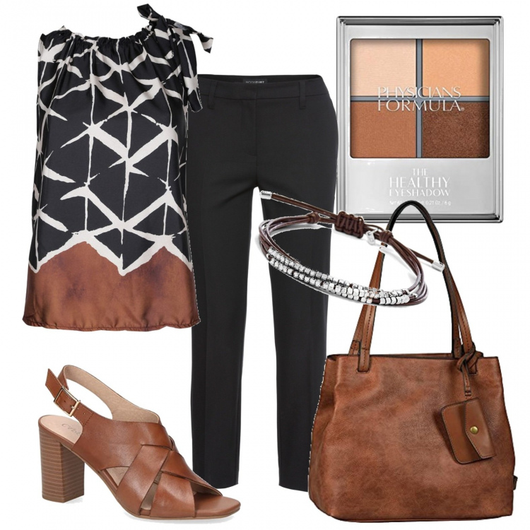 Outfit donna - I pantaloni cropped. Stile Minimal per Ufficio. Abbinamento con pantaloni, top, shopping bag, sandali col tacco, ombretti, braccialetti.