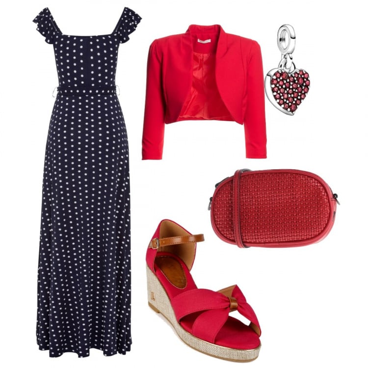 Outfit donna - Red passion. Stile Casual chic per Serata fuori. Abbinamento con borse a tracolla, vestiti lunghi, sandali col tacco, bolero, ciondoli.