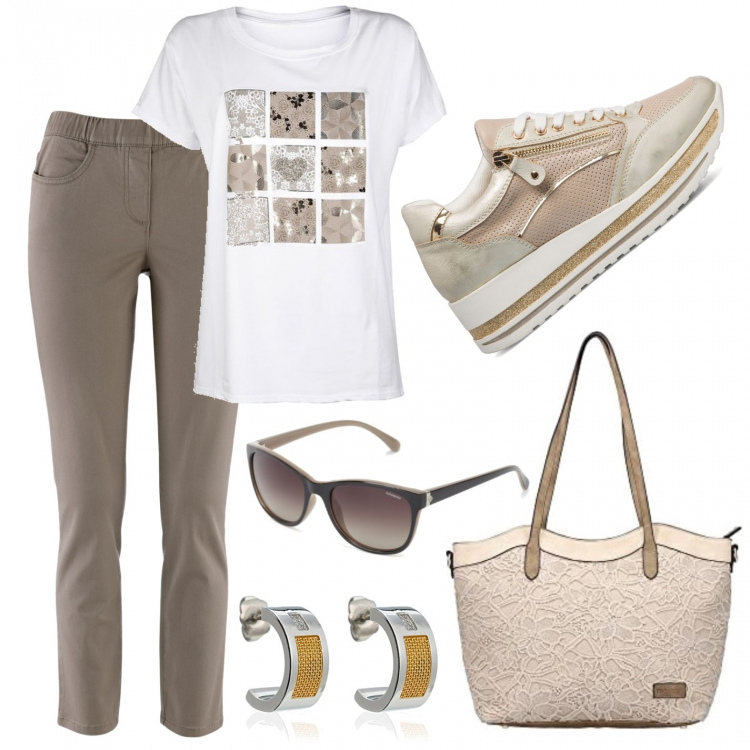 Outfit donna - Comoda e pratica. Stile Basic per Scuola/Università. Abbinamento con pantaloni, t-shirt, sneakers, shopping bag, occhiali da sole, orecchini.