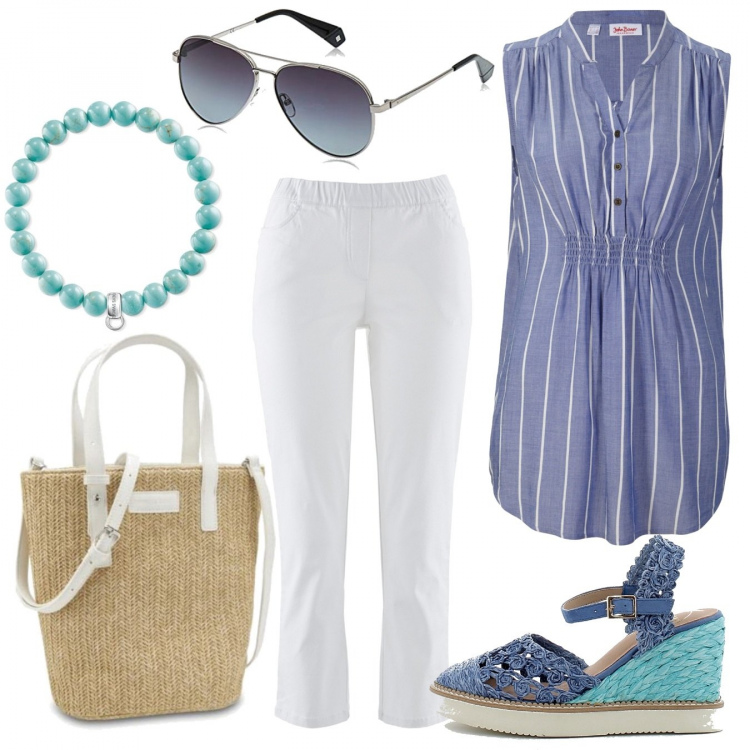 Outfit donna - Tra mare e città. Stile Casual per Tutti i giorni. Abbinamento con pantaloni, tuniche, zeppe, braccialetti, occhiali da sole, borse a spalla.