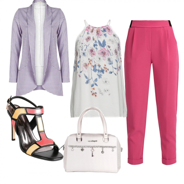Outfit donna - Total look #1399956. Abbinamento con top, blazer, sandali in pelle, pantaloni, borse a mano.