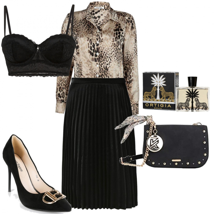 Outfit donna - Cena di lavoro. Stile Chic per Ufficio. Abbinamento con reggiseni a balconcino, camicie, gonne lunghe, décolleté, borse a mano, profumi.