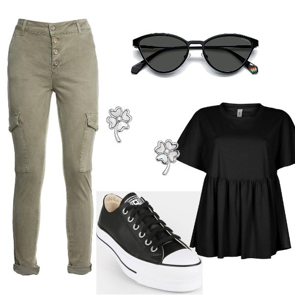 Outfit donna - Total look basic. Stile Sporty chic per Tutti i giorni. Abbinamento con t-shirt, sneakers, pantaloni cargo, occhiali da sole, orecchini.