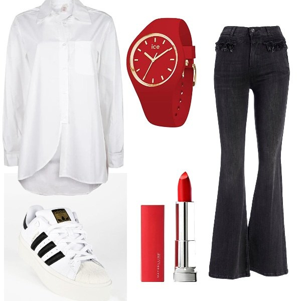Outfit donna - Total look basic con un tocco di rosso. Stile Casual per Tutti i giorni. Abbinamento con camicie, sneakers, jeans bootcut, orologi, rossetti.