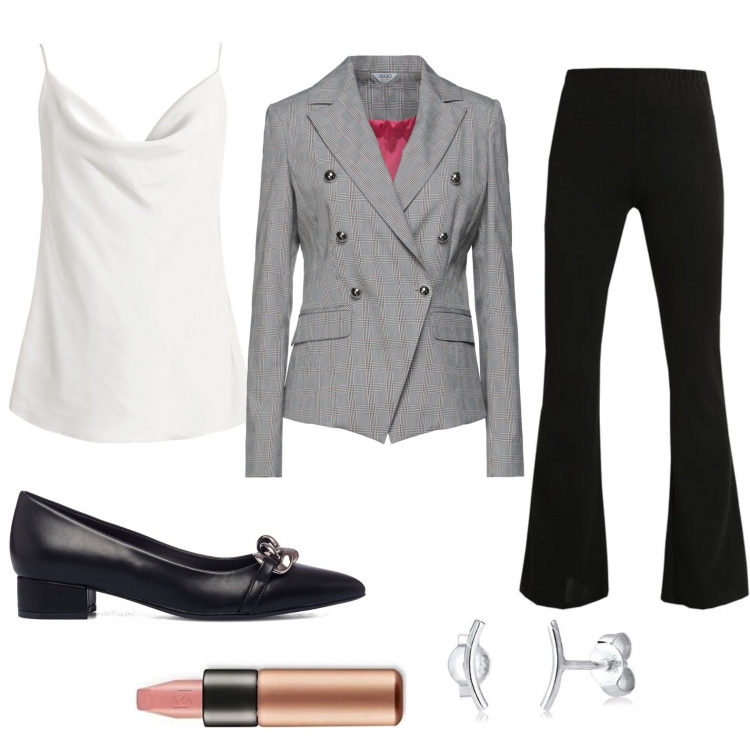 Outfit donna - Total look pratico per ufficio. Stile Minimal per Ufficio. Abbinamento con blazer, pantaloni, top, décolleté, rossetti, orecchini.