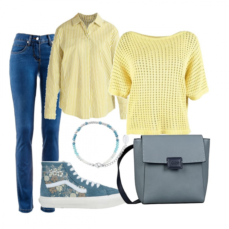 Outfit donna - Giallo sole. Stile Casual per Tutti i giorni. Abbinamento con jeans dritti, sneakers, maglieria, camicie, zaini, braccialetti.