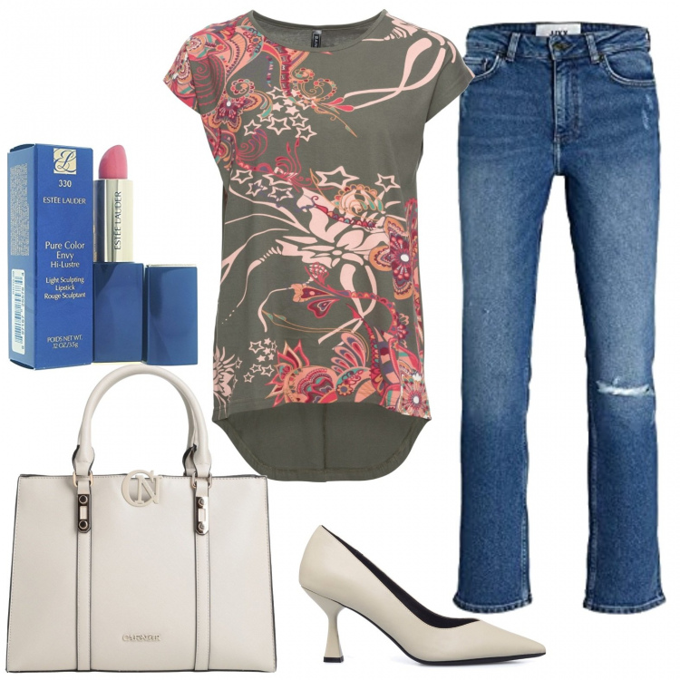 Outfit donna - Total look #1400177. Stile Casual chic per Tutti i giorni. Abbinamento con maglieria, borse a mano, décolleté, jeans, rossetti.