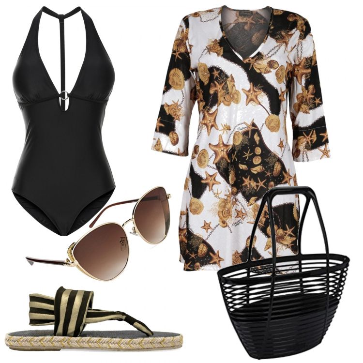 Outfit donna - Positano?. Stile Chic per Mare. Abbinamento con costumi interi, vestiti da spiaggia, infradito, borse a mano, occhiali da sole.