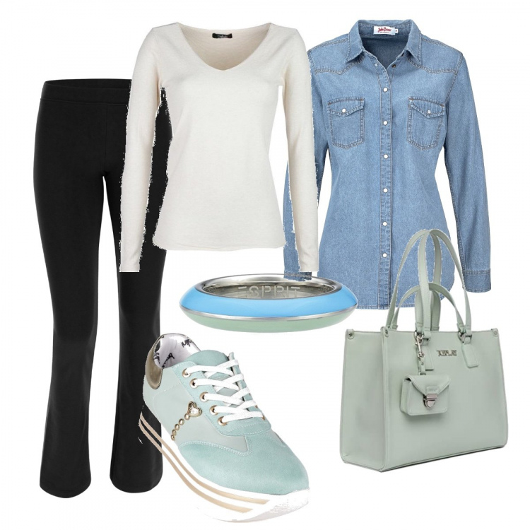 Outfit donna - Sportiva con stile. Stile Basic per Tutti i giorni. Abbinamento con camicie, sneakers, pullovers, pantaloni, shopping bag, anelli.