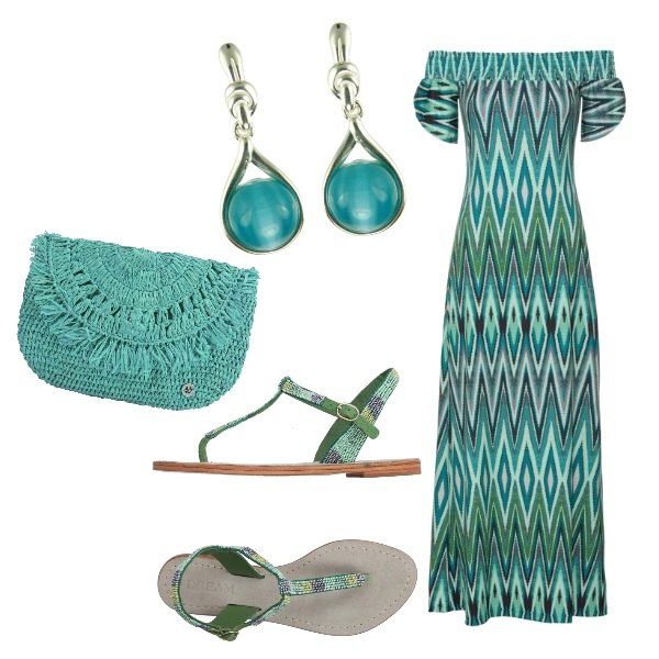Outfit donna - CMPS Quasi-Missoni all\'aperitivo. Stile Trendy per Serata fuori. Abbinamento con vestito fantasia, borsa a mano mini interno foderato tinta unita, infradito fantasia multicolore con perline senza tacco con fibbia e punta tonda, orecchini pendenti argento.