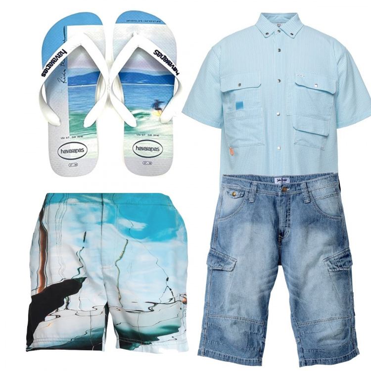 Outfit uomo - Total look #1400376. Stile Trendy per Mare. Abbinamento con bermuda, costumi, camicie a manica corta, sandali.
