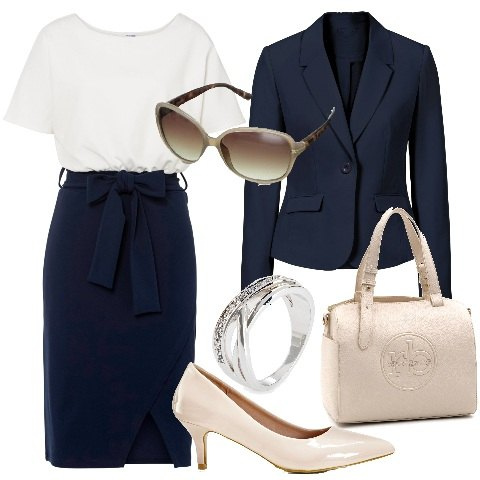 Outfit donna - Cerimonia look Basic. Stile Chic per Cerimonia. Abbinamento con blazer, vestiti, décolleté, anelli, borse a mano, occhiali da sole.