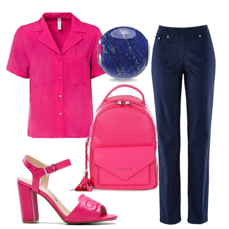 Outfit donna - Ritorno al lavoro. Stile Glamour per Ufficio. Abbinamento con pantaloni sportivi, camicie, sandali col tacco, zaini, ciondoli.