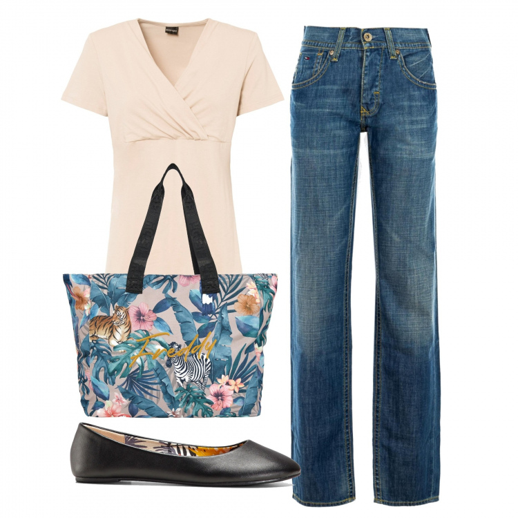 Outfit donna - Basic. Stile Basic per Tutti i giorni. Abbinamento con ballerine, maglieria, jeans, borse tote.