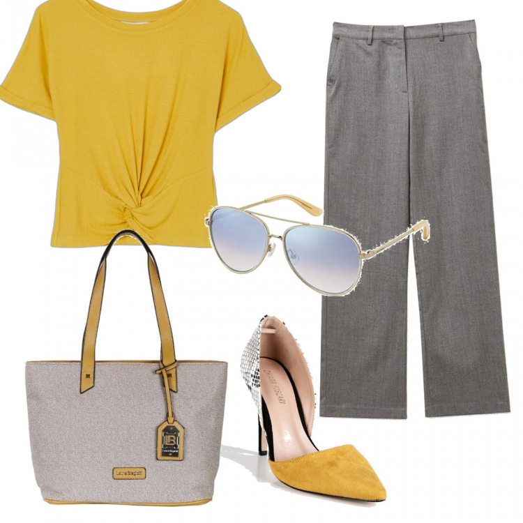 Outfit donna - Total look super economico e colorato. Stile Minimal per Ufficio. Abbinamento con décolleté, borse a spalla, pantaloni a palazzo, t-shirt, occhiali da sole.
