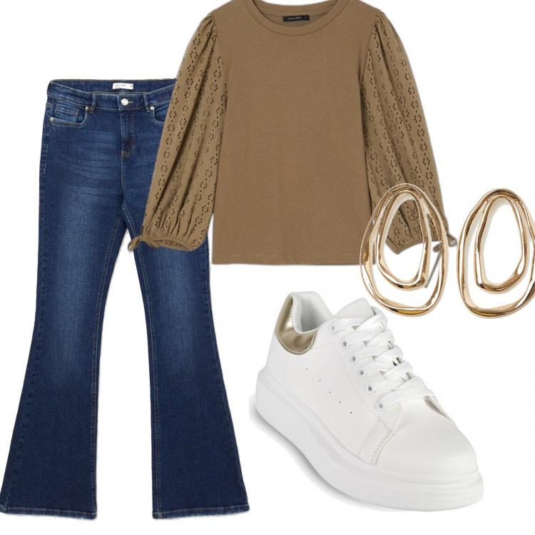 Outfit donna - Outfit basic romantico ed economico. Stile 70s per Tutti i giorni. Abbinamento con sneakers, t-shirt, orecchini, jeans.