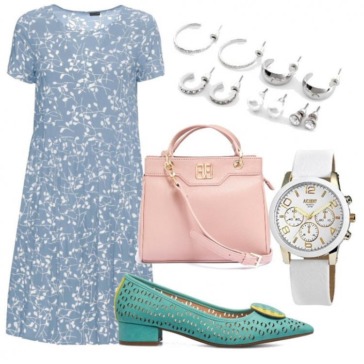 Outfit donna - Total look #1400697. Stile Bon Ton per Tutti i giorni. Abbinamento con vestiti, orecchini, borse tote, décolleté, orologi analogici.