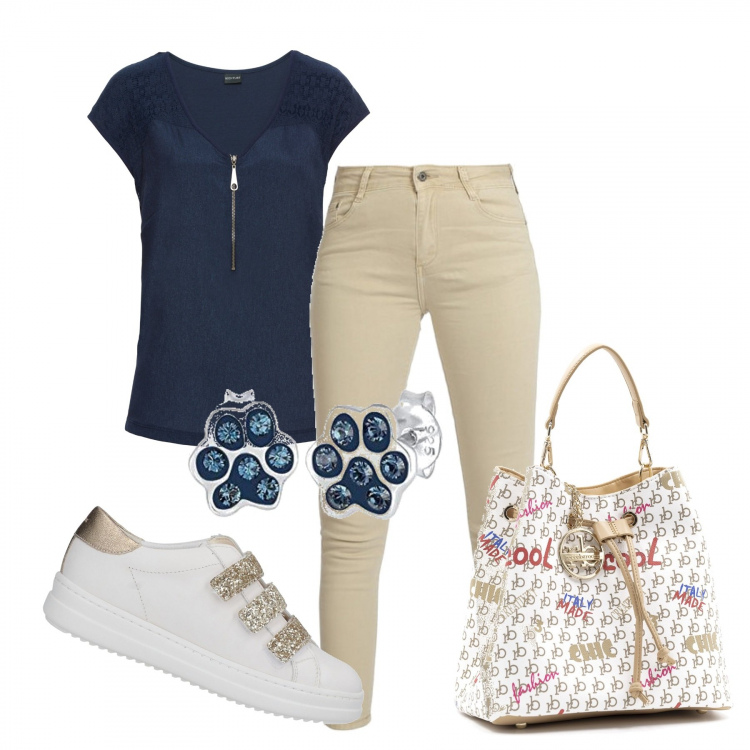 Outfit donna - Cool. Stile Casual chic per Scuola/Università. Abbinamento con t-shirt, sneakers, pantaloni, borse a secchiello, orecchini.