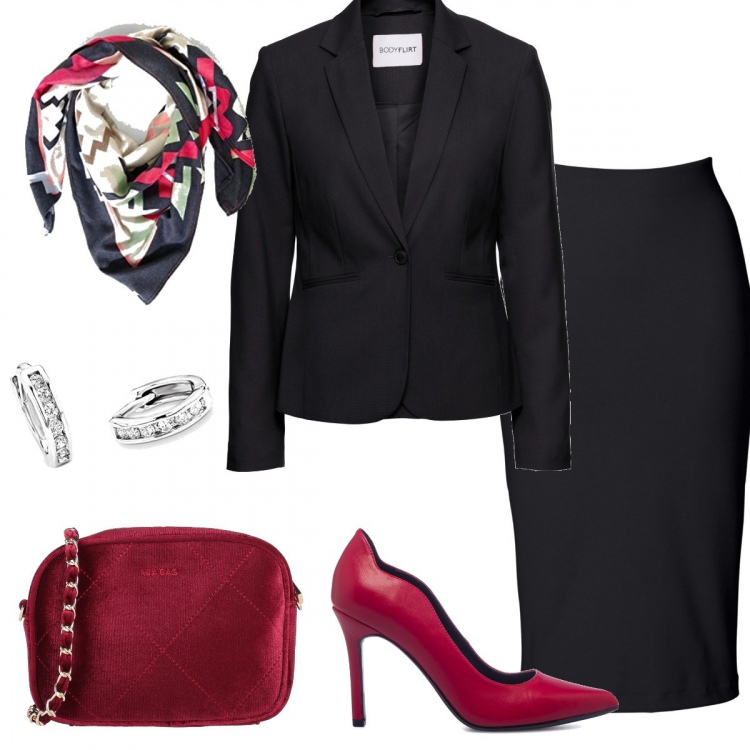 Outfit donna - Invito formale. Stile Bon Ton per Serata fuori. Abbinamento con blazer, gonne longuette, borse a tracolla, décolleté, orecchini, foulard.