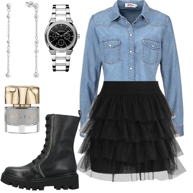 Outfit donna - Total look #1400798. Stile Urban per Tutti i giorni. Abbinamento con camicie, stivaletti, minigonne, orologi, orecchini, smalti.