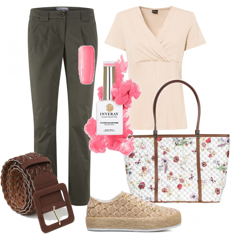 Outfit donna - La semplicità. Stile Basic per Tutti i giorni. Abbinamento con pantaloni chino, maglieria, borse a spalla, cinture, sneakers, smalti.